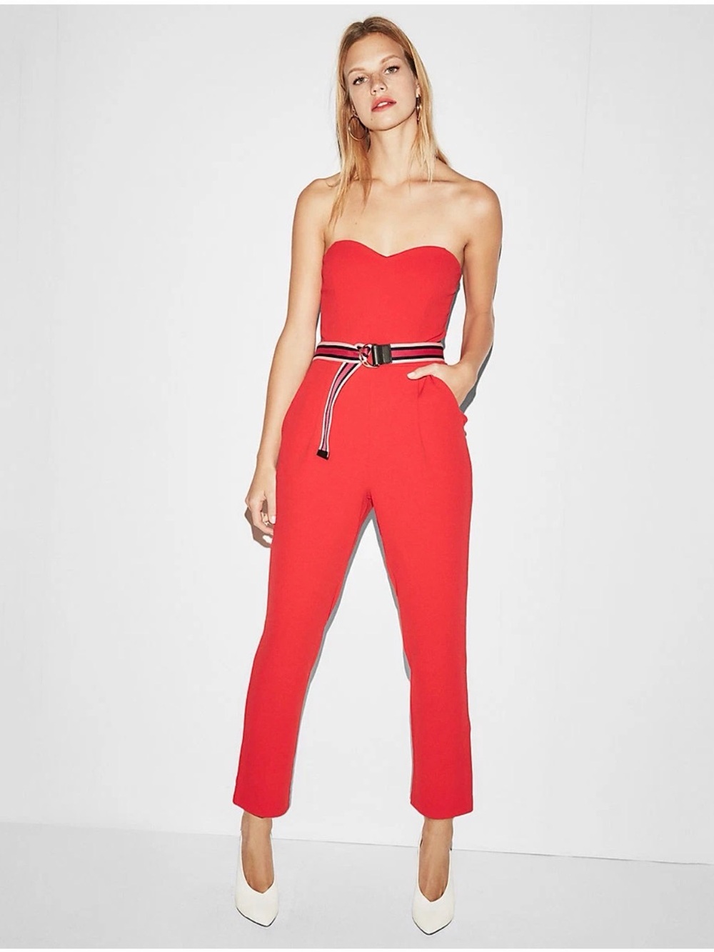 Express Strapless Red Jumpsuit with Striped Belt, Size 0